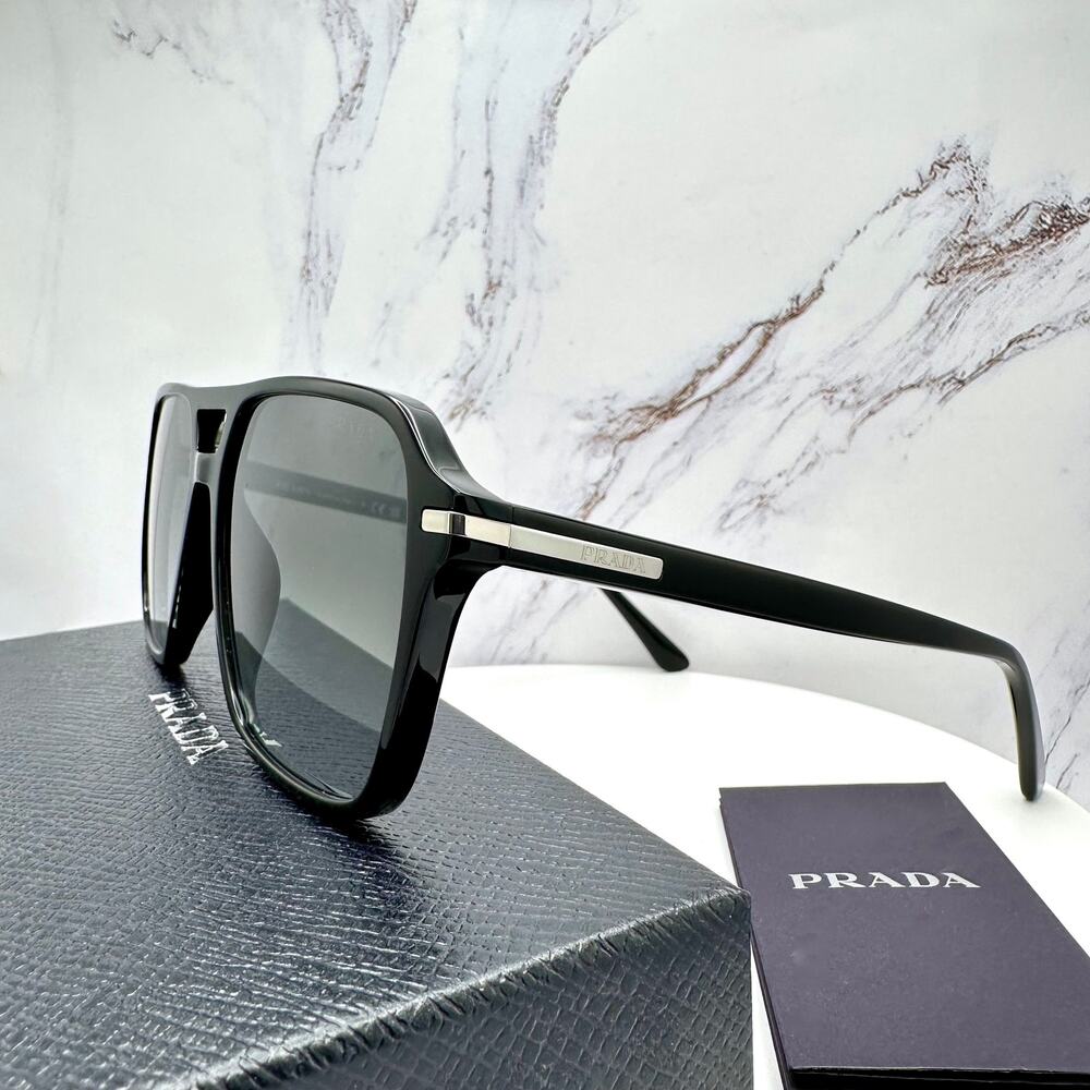 NEW PRADA Sunglasses Black Aviator Pilot 55-17mm Grey Lens Silver Logo - Picture 15 of 16
